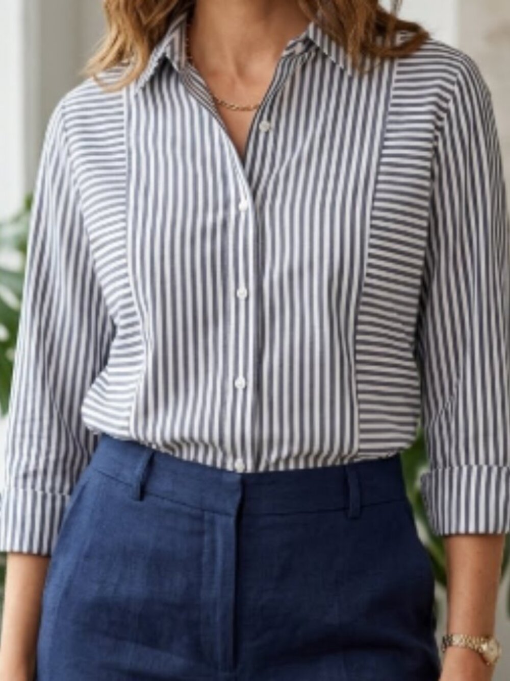 Lafayette 148 New York Gray & White Striped Button Down Shirt sz S